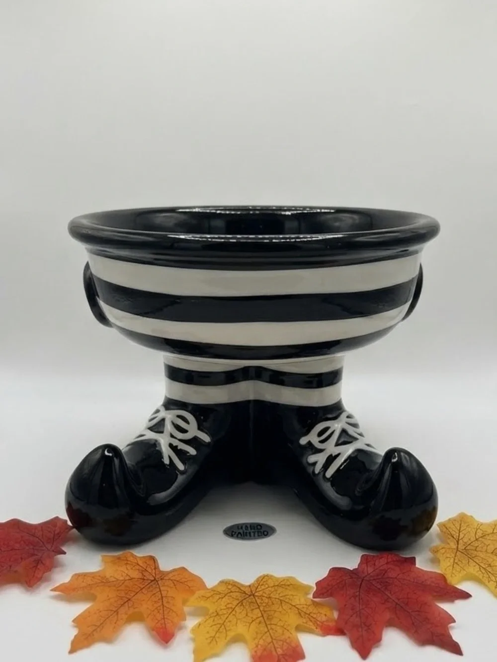 Mackenzie Child’s inspired Black and White Striped Ceramic Feet Halloween Bowl